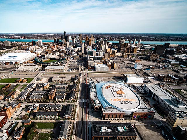 Little Caesars Arena as seen from a helicopter ride