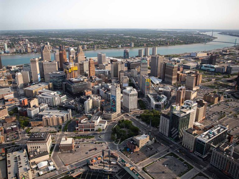 Downtown detroit from a helicopter with myflight tours