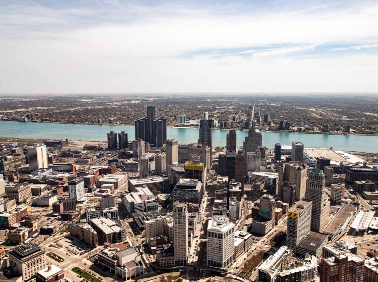 Downtown detroit from a helicopter with myflight tours