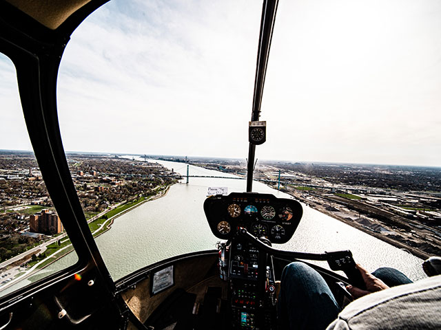 Detroit Ambassador Bridge viewed from a helicopter ride