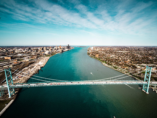 Detroit Ambassador Bridge viewed from a helicopter ride