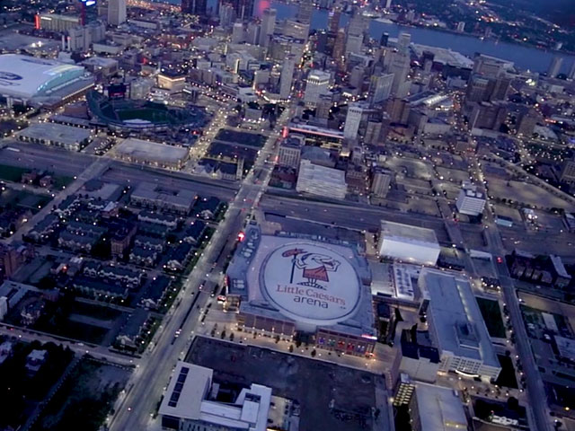 Detroit night helicopter ride aerial view