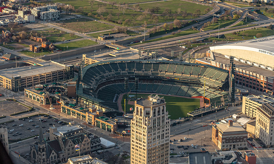 Detroit Comerica from helicopter