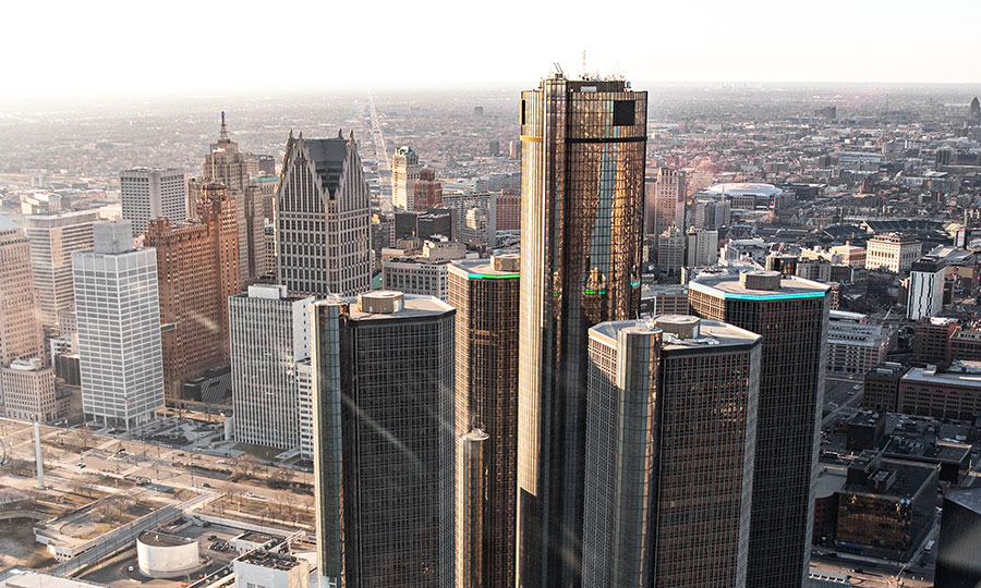 GM Renaissance Center from helicopter