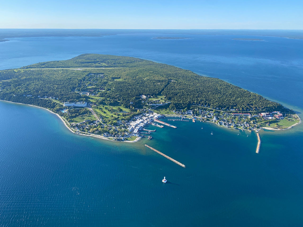 Helicopter view of Mackinac Island and St. Ignace