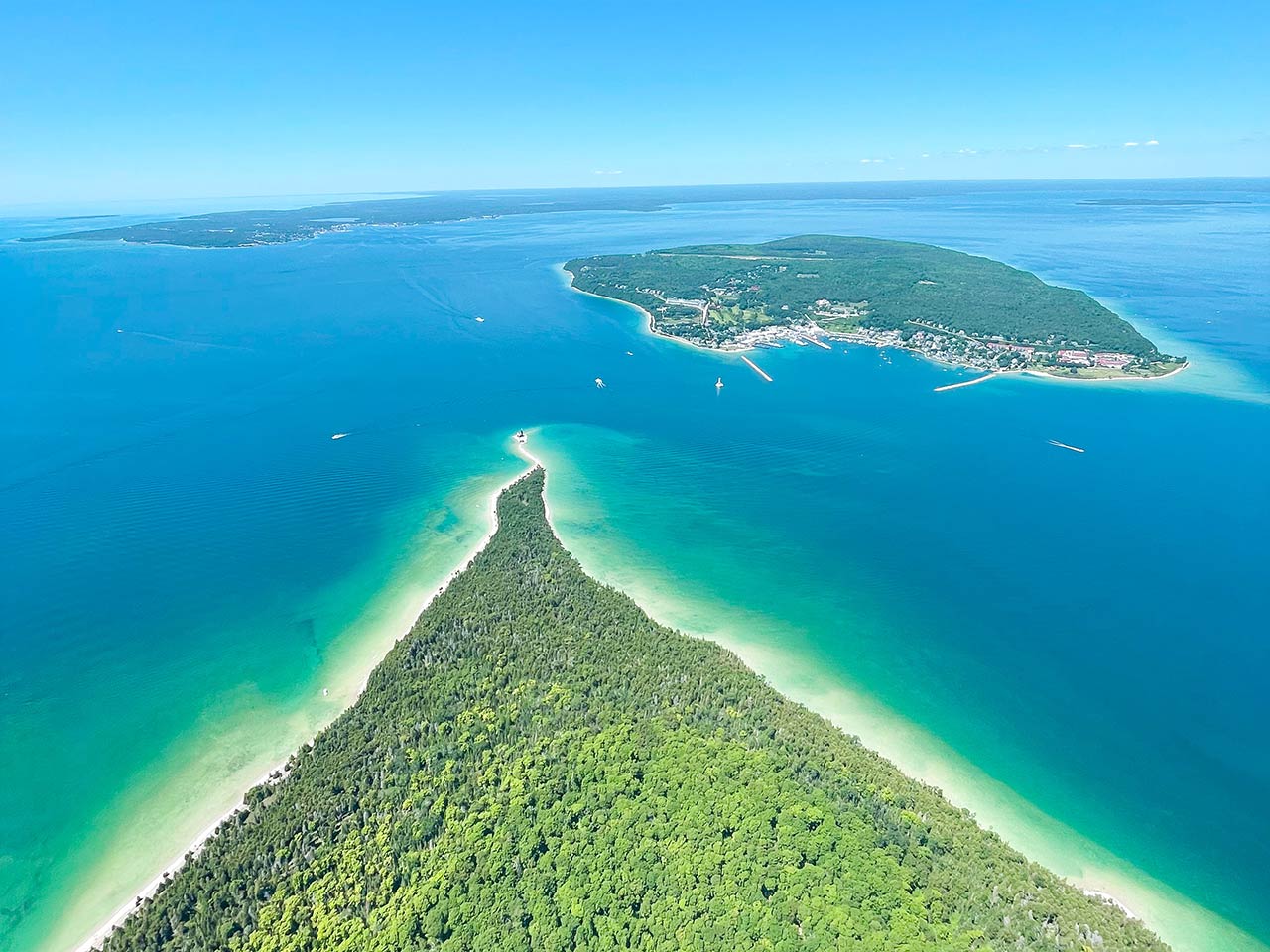 Helicopter view of Mackinac Island and St. Ignace