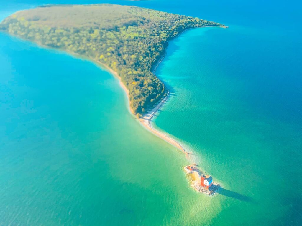 Helicopter view of Mackinac Island and St. Ignace