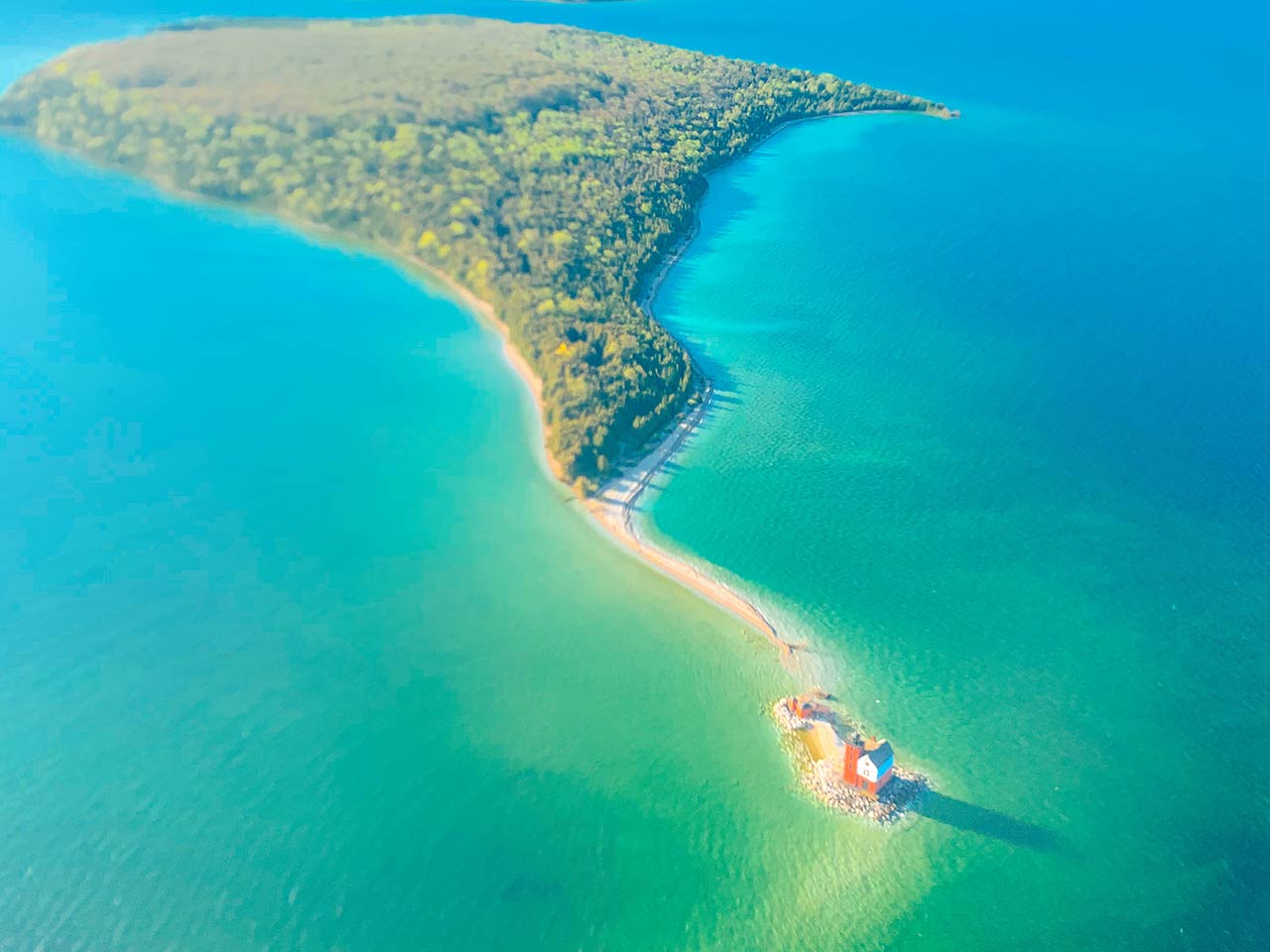 Helicopter view of Mackinac Island and St. Ignace