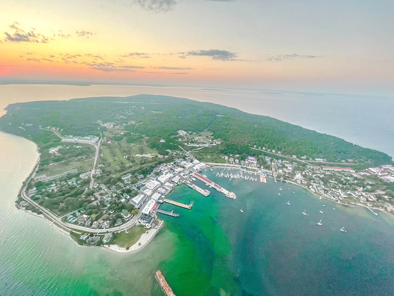 Helicopter view of Mackinac Island and St. Ignace