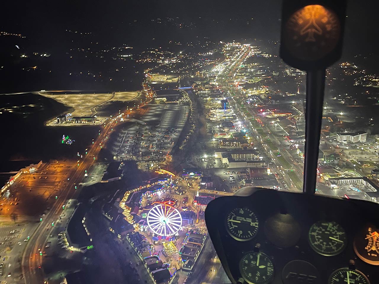 Smoky Mountains strip at night helicopter ride view