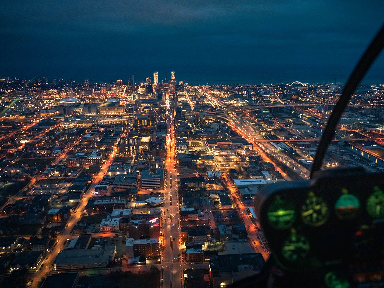 milwaukee skyline from helicopter at night