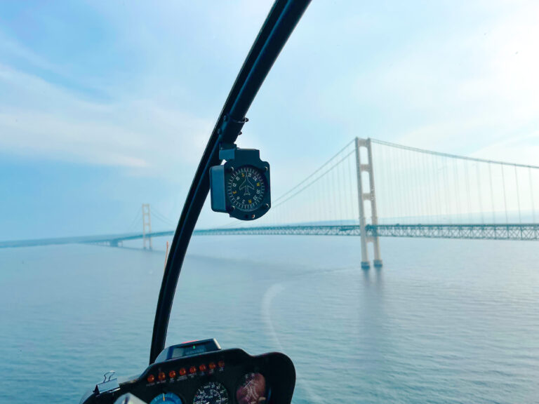 Flying over Mackinac Bridge