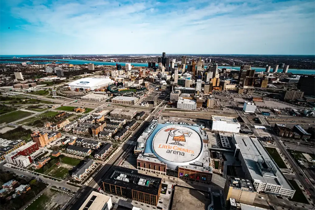 little caesars arena view from a helicopter tour in detroit
