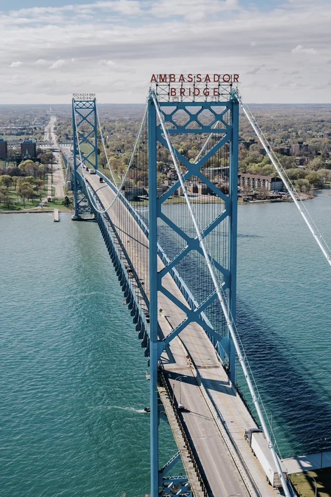 detroit ambassador bridge view from a helicopter