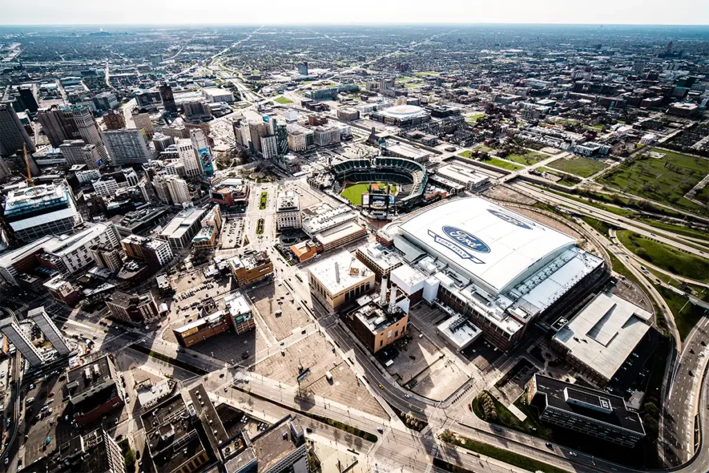 a view of downtown detroit aerial from a helicopter