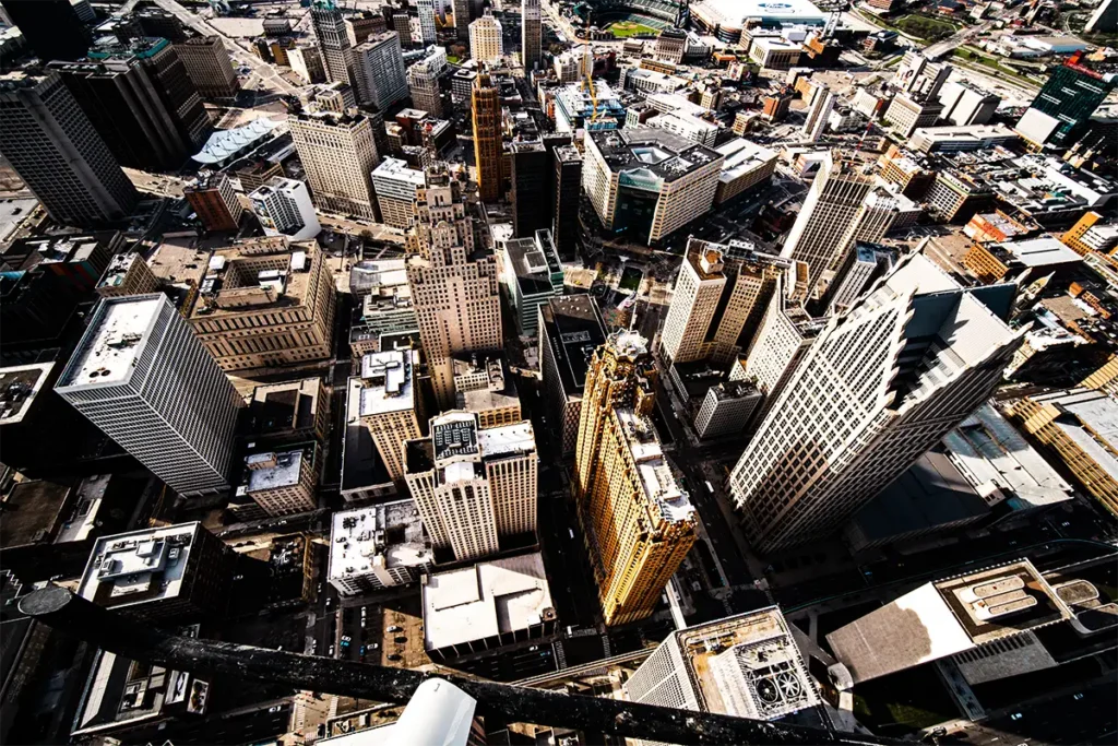an almost vertical look down on detroit from a helicopter