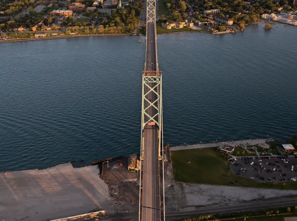 a view of the ambassador bridge sign from a helicopter tour