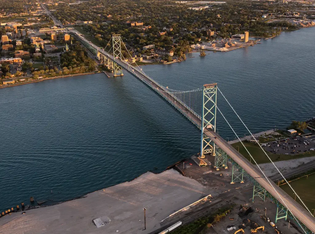 the full view of the ambassador bridge as taken from a helicopter tour in detroit