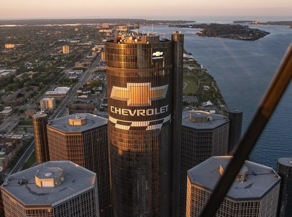 gm building during sunset from a helicopter