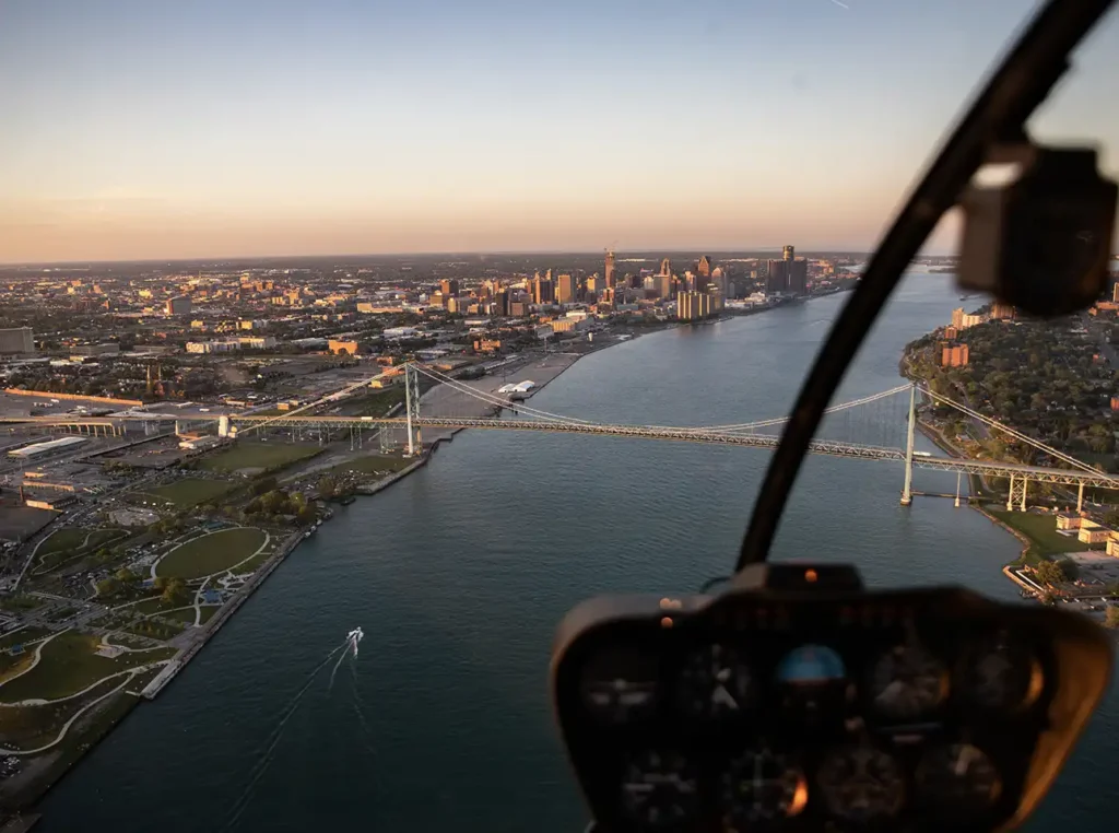 ambassador bridge sunset view as taken from a helicopter tour of detroit