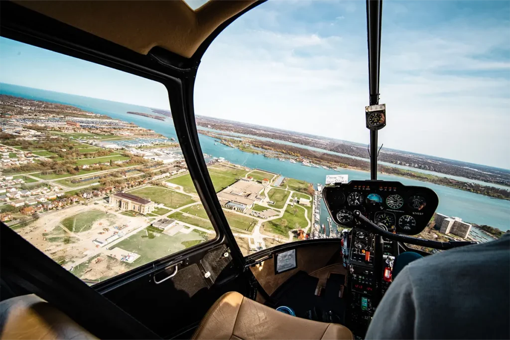 a view of detroit river and belle isle from a helicopter ride in detroit