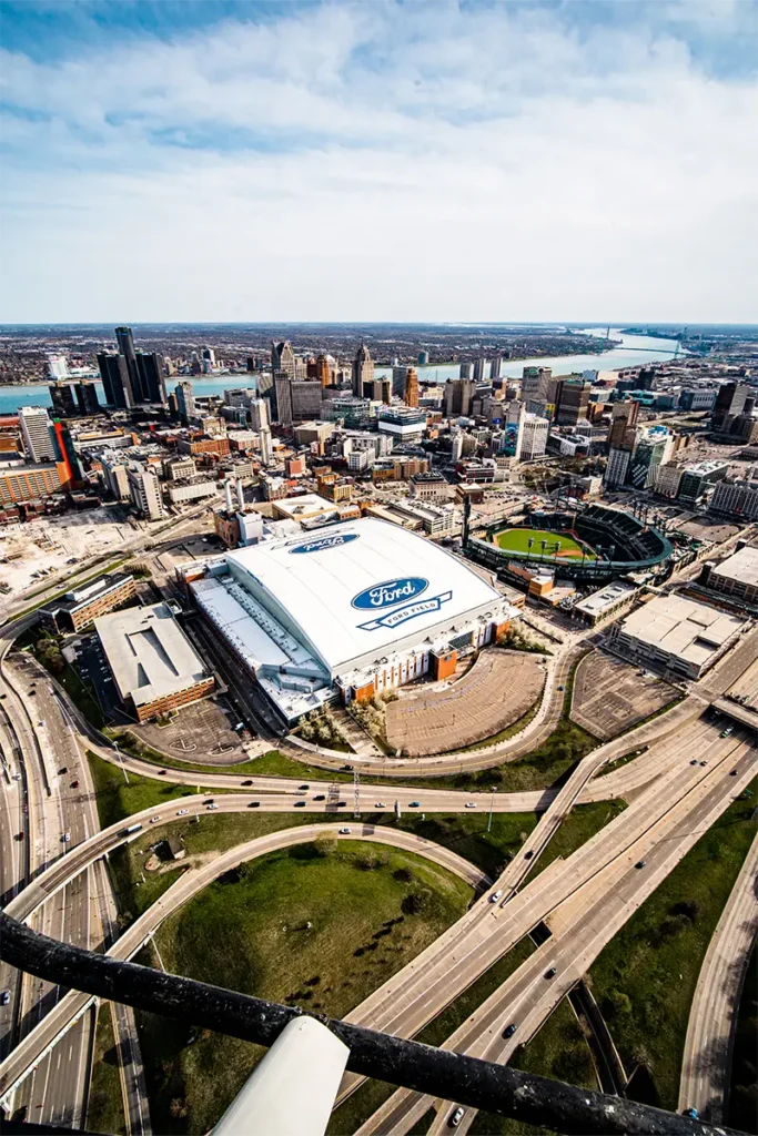 view of ford field from a helicopter in detroit