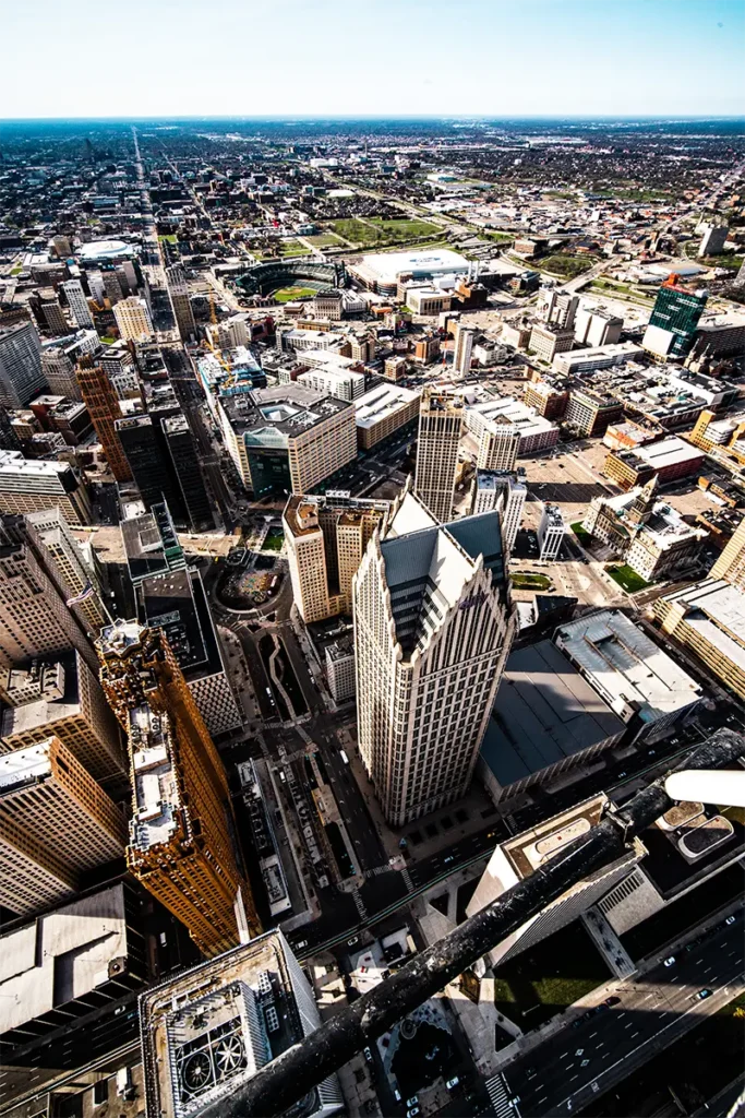 a helicopter view of directly down on downtown detroit