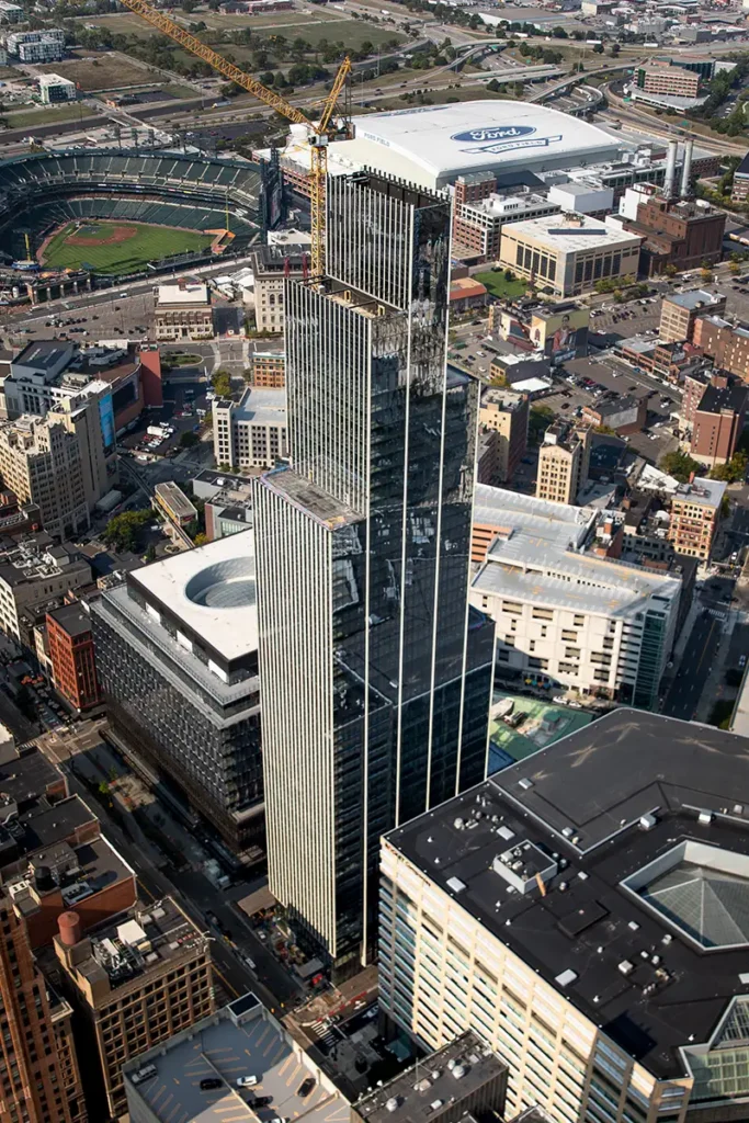 a view of the new hudson building in downtown detroit from a helicopter