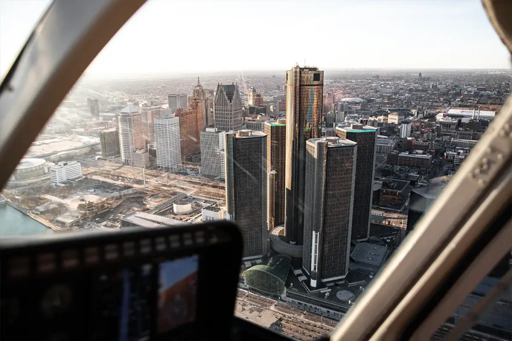 the gm ren-cen from a helicopter in detroit, mi