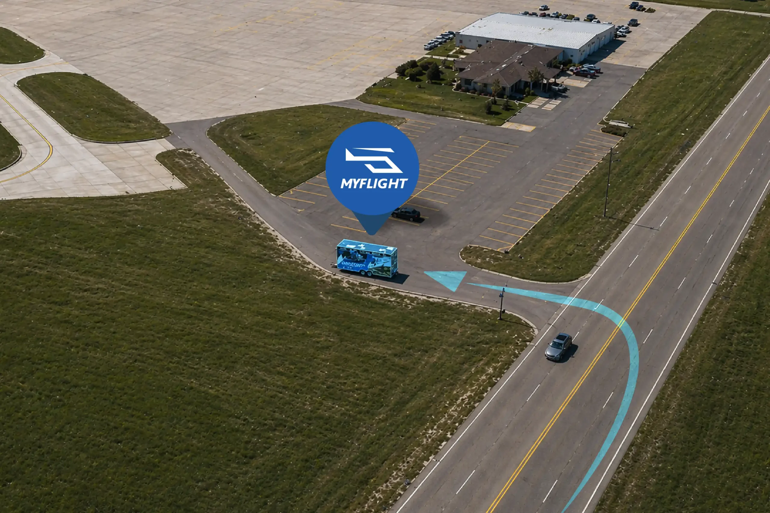 an aerial view of the myflight tours mackinac location at mackinac county airport.