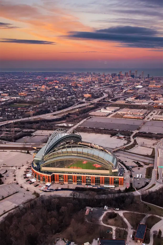 the brewers american family field viewed from above on a helicopter during sunset.