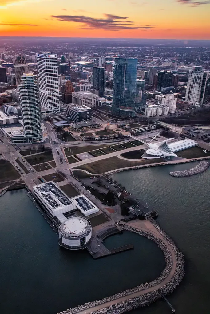 a view of discovery world from above in a helicopter