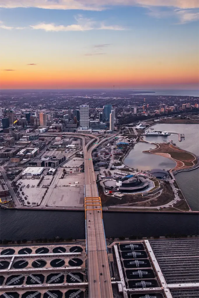 the hoan bridge viewed from a helicopter in milwaukee, wi