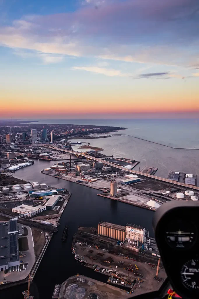 jones island in milwaukee viewed at sunset from a helicopter tour
