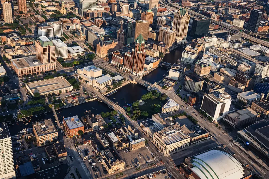 a sunset shot of pere marquette park from a helicopter view point
