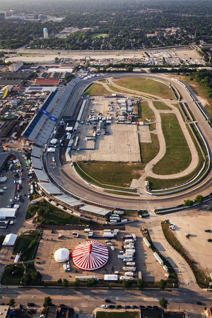 a view of the milwaukee speedway during a helicopter tour in the summer