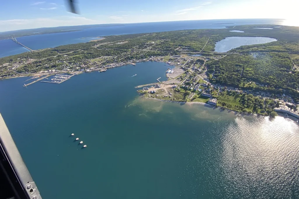 a shot of Mackinac Island from the air, myflight helicopter tours