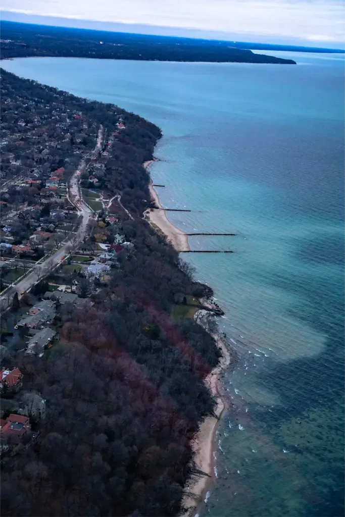 the lake michigan shoreline from a helicopter