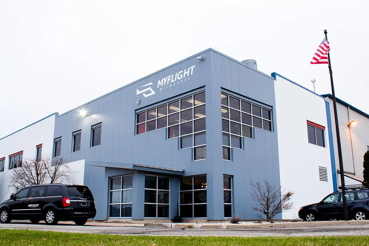 outside view of the myflight milwaukee building located at milwaukee international airport near AV flight