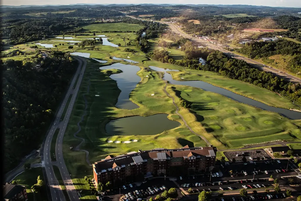 golf course in sevierville tn viewed from a helicopter