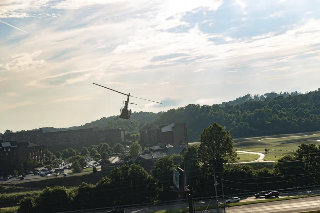 helicopter taking off at myflight tours smoky mountains in sevierville, tn