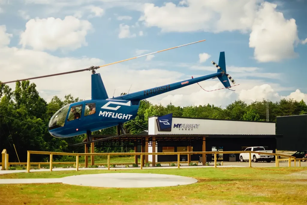 a myflight helicopter departing from the sevierville heliport on a helicopter tour of the smoky mountains