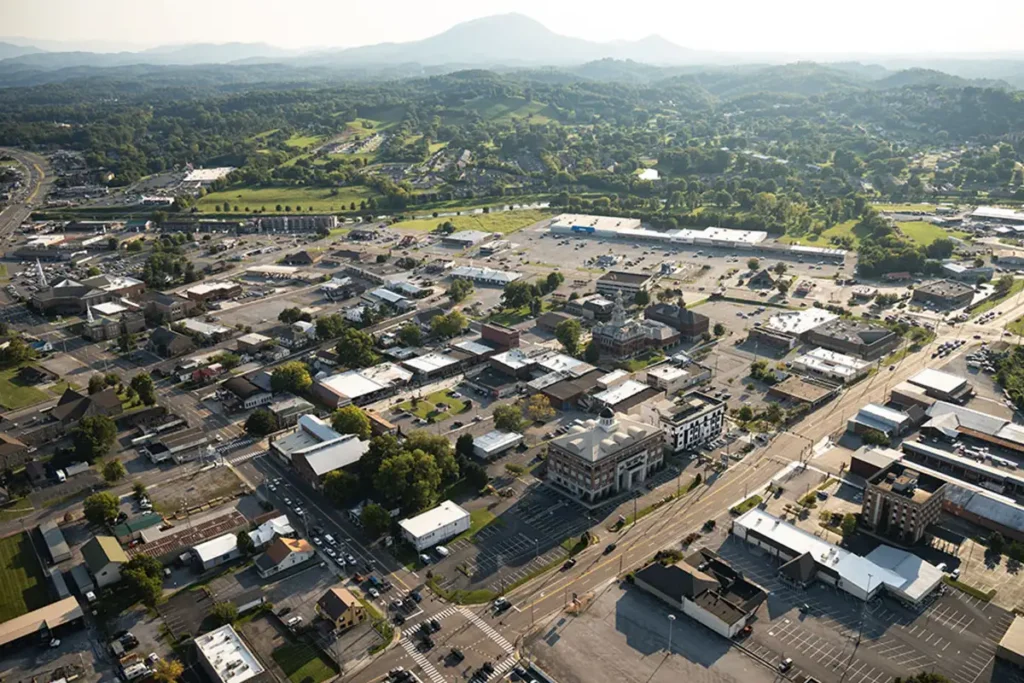 view of downtown sevierville from a helicopter