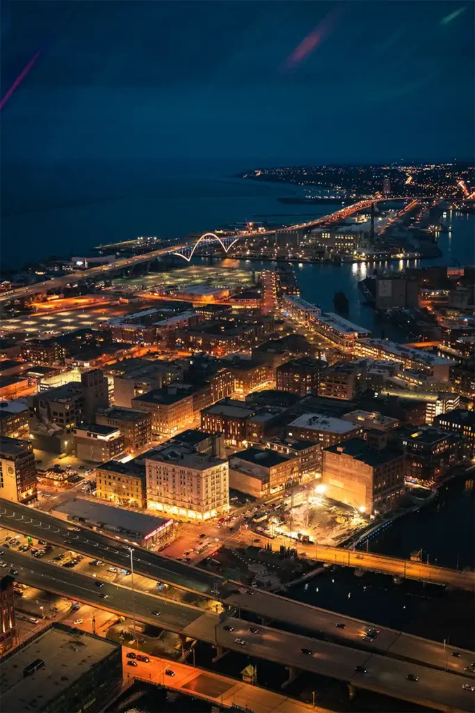 Milwaukee Hoan Bridge lit up at night, Milwaukee river and Historic Third Ward