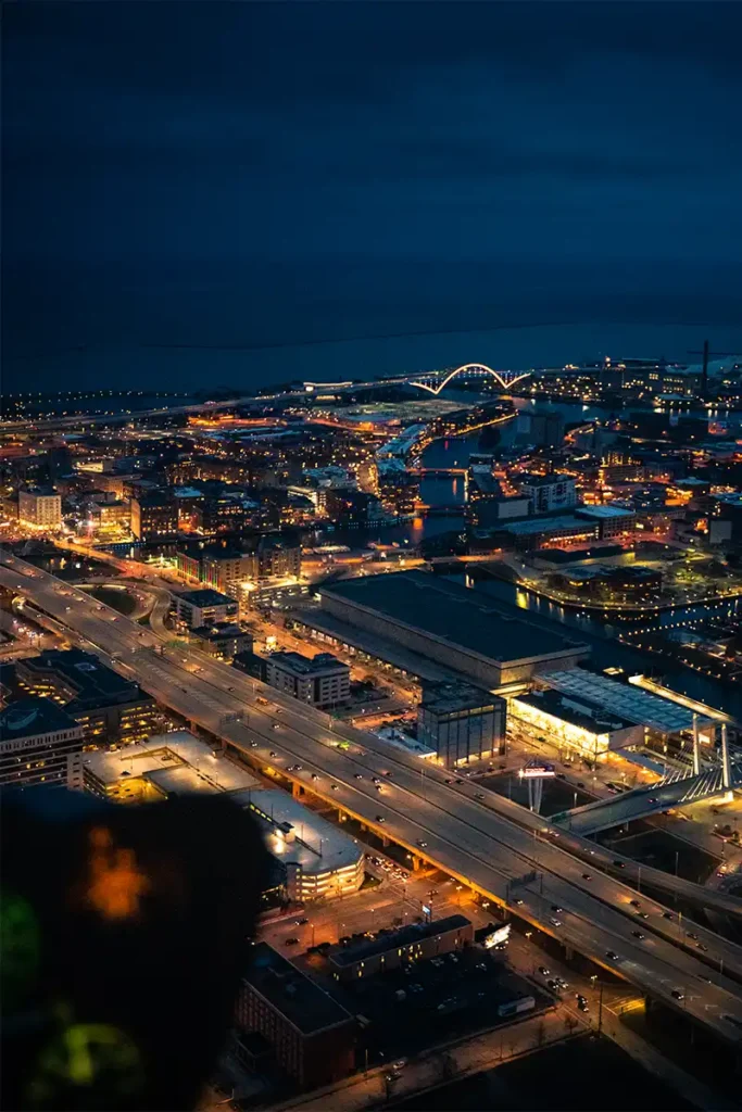 Milwaukee Hoan Bridge lit up at night, Milwaukee river and Historic Third Ward