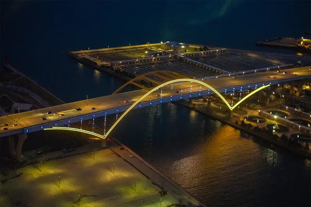 Milwaukee Hoan Bridge lit up at night