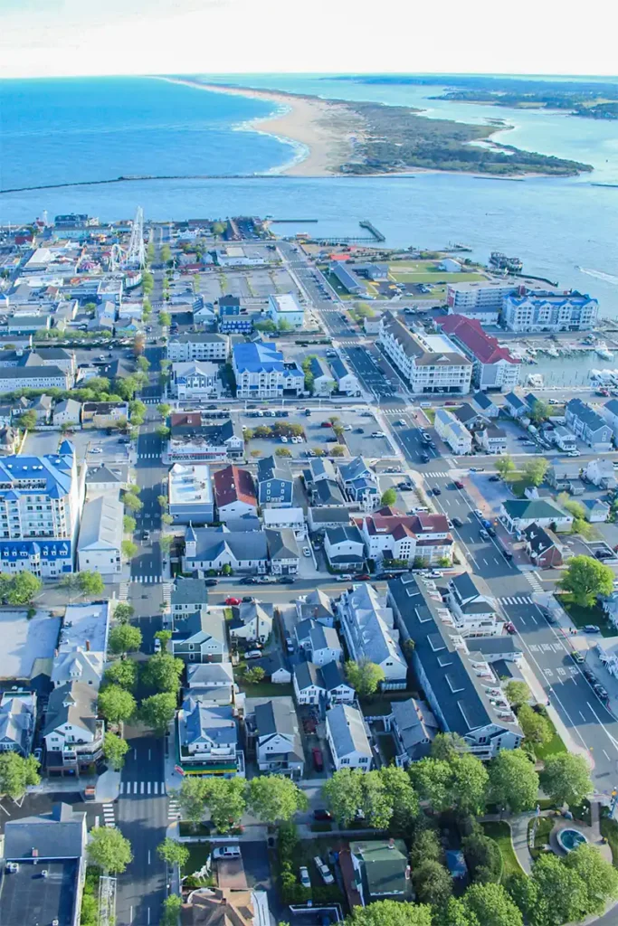 A view from a helicopter above Ocean City behind the boardwalk, facing south looking at Assateague Island